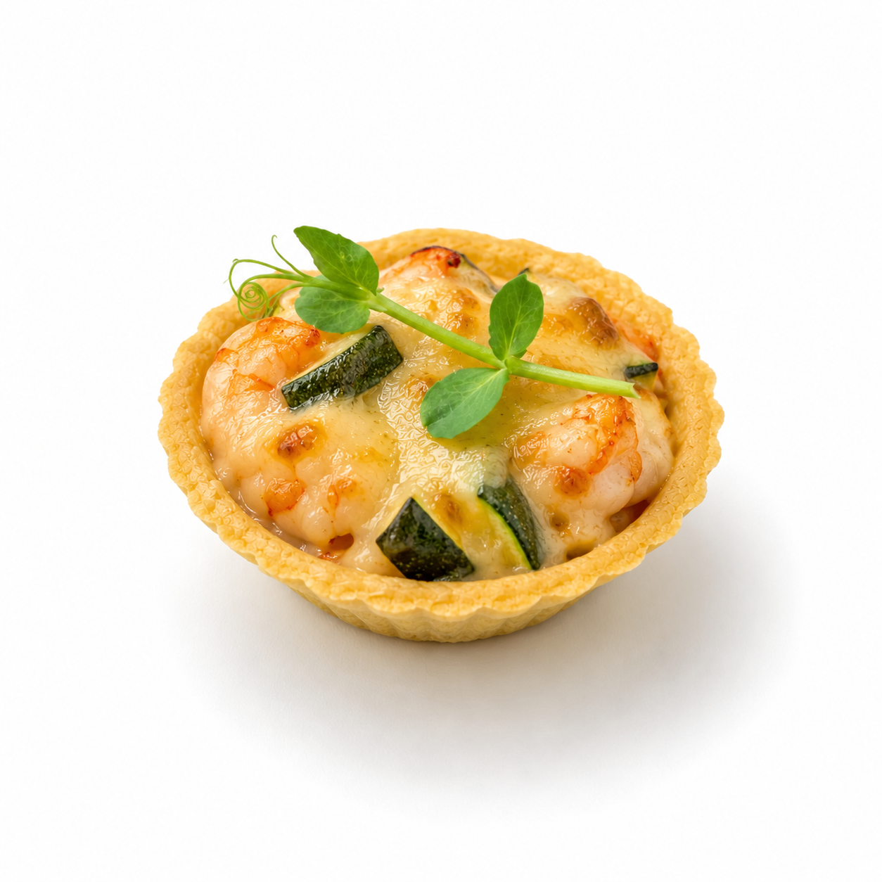 Мини киш с креветками, цуккини и соусом биск